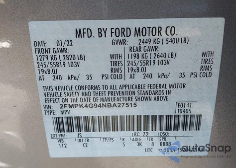 2022 Ford Edge Se из США, поврежденный, VIN 2FMPK4G94NBA27515